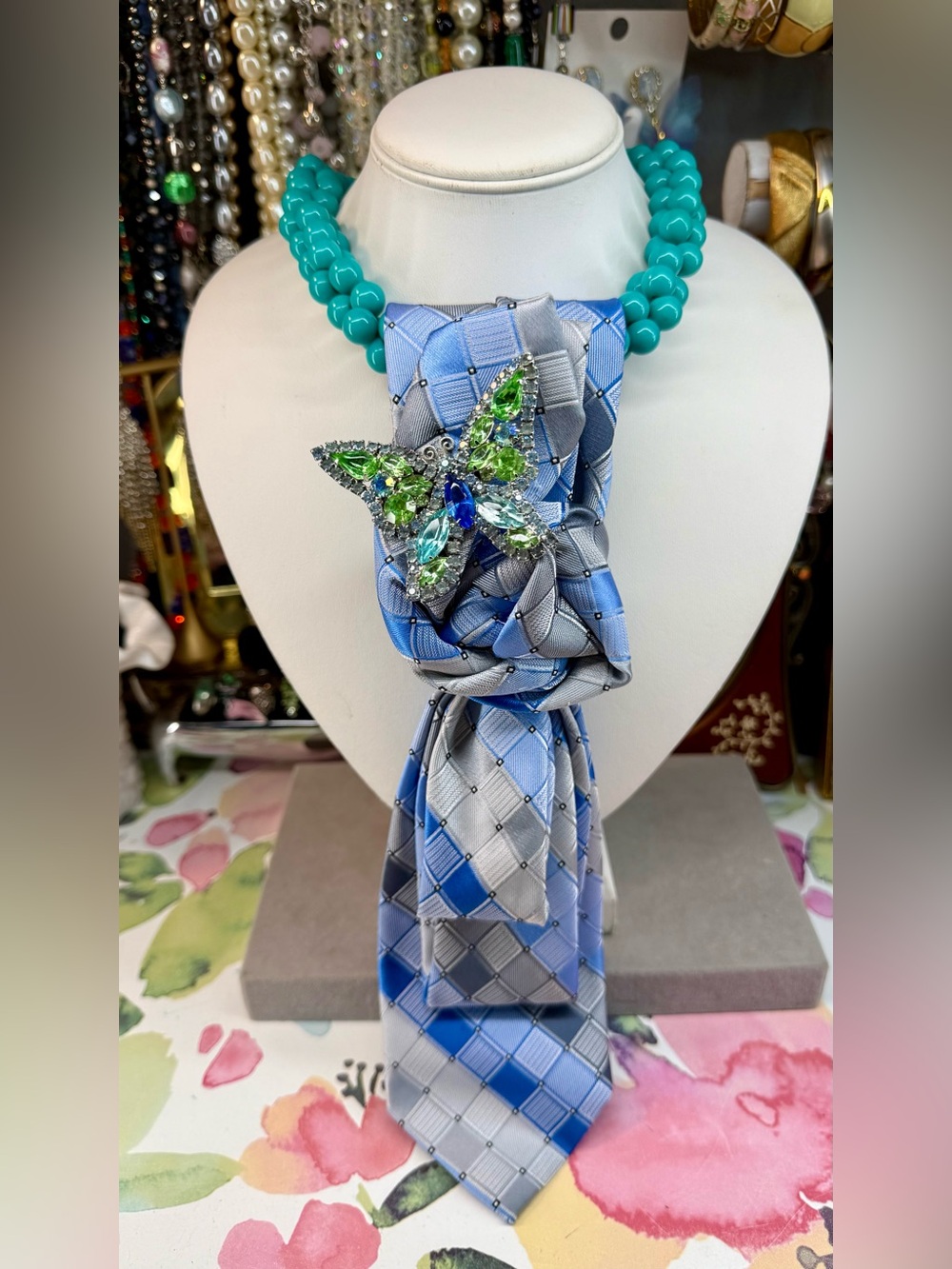 Vintage Blue Gray Plaid Necktie Necklace with Butterfly Crystal Brooch